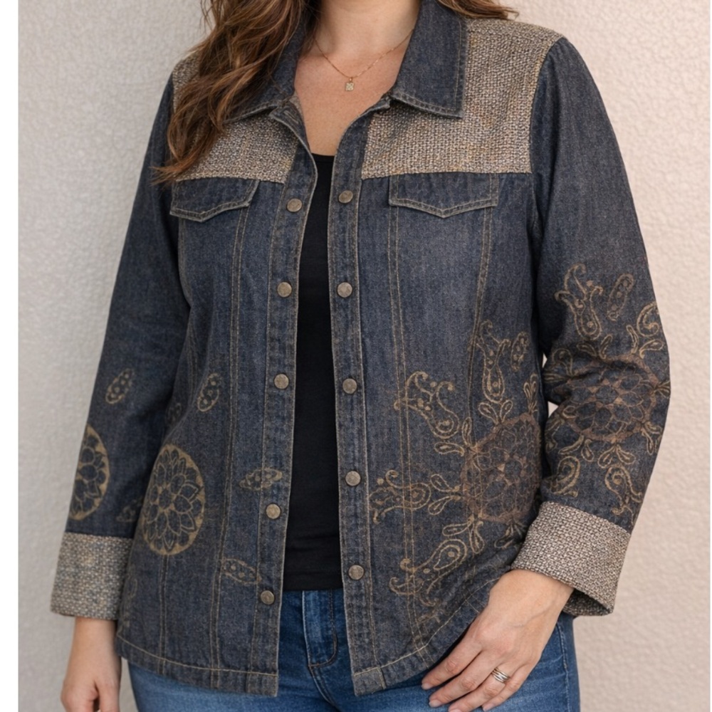 Vintage Notations Boho Tapestry Denim Jean Jacket Size L